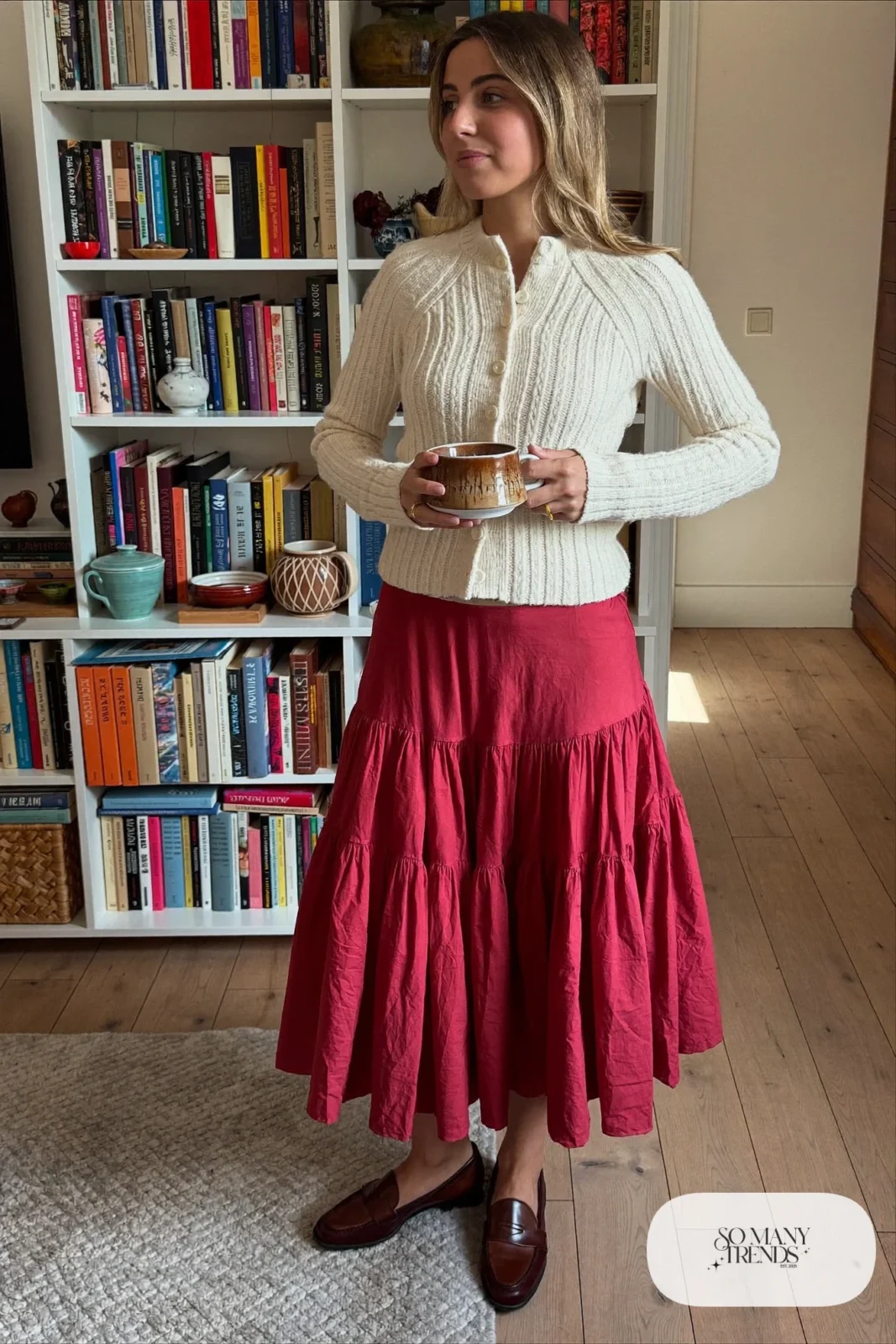 Wine red tiered midi skirt with fitted cream button-up knit cardigan and brown loafers, outfit 6