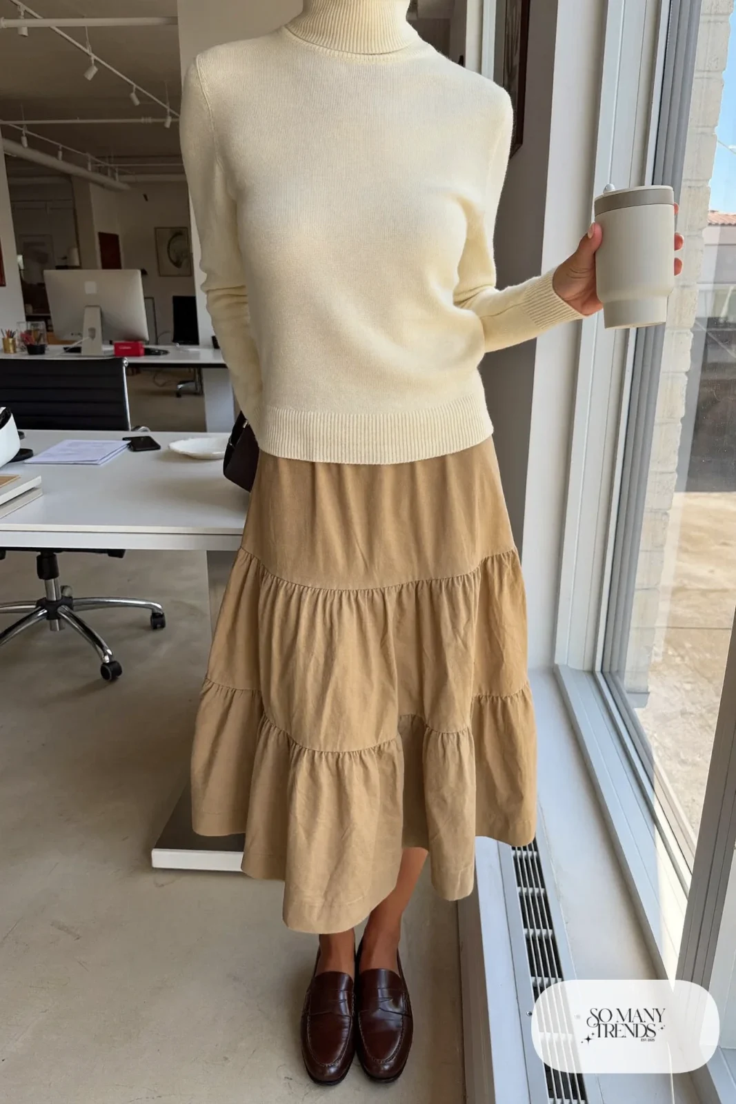 Camel tiered midi skirt with fitted cream fine knit turtleneck and brown loafers, outfit 17