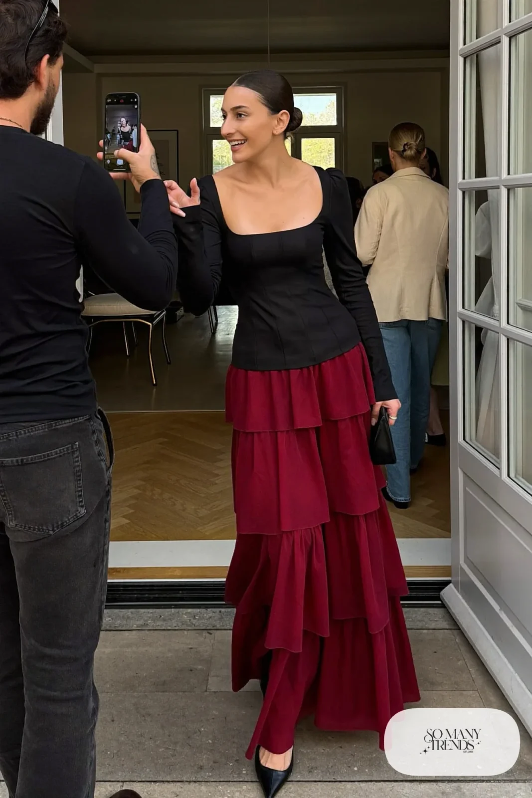 Wine red crepe tiered maxi skirt with fitted black square neck top and black heels, outfit 20