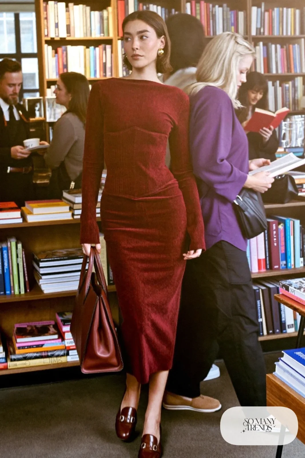Woman in a burgundy corduroy corset midi dress with long sleeves and brown loafers, outfit 20