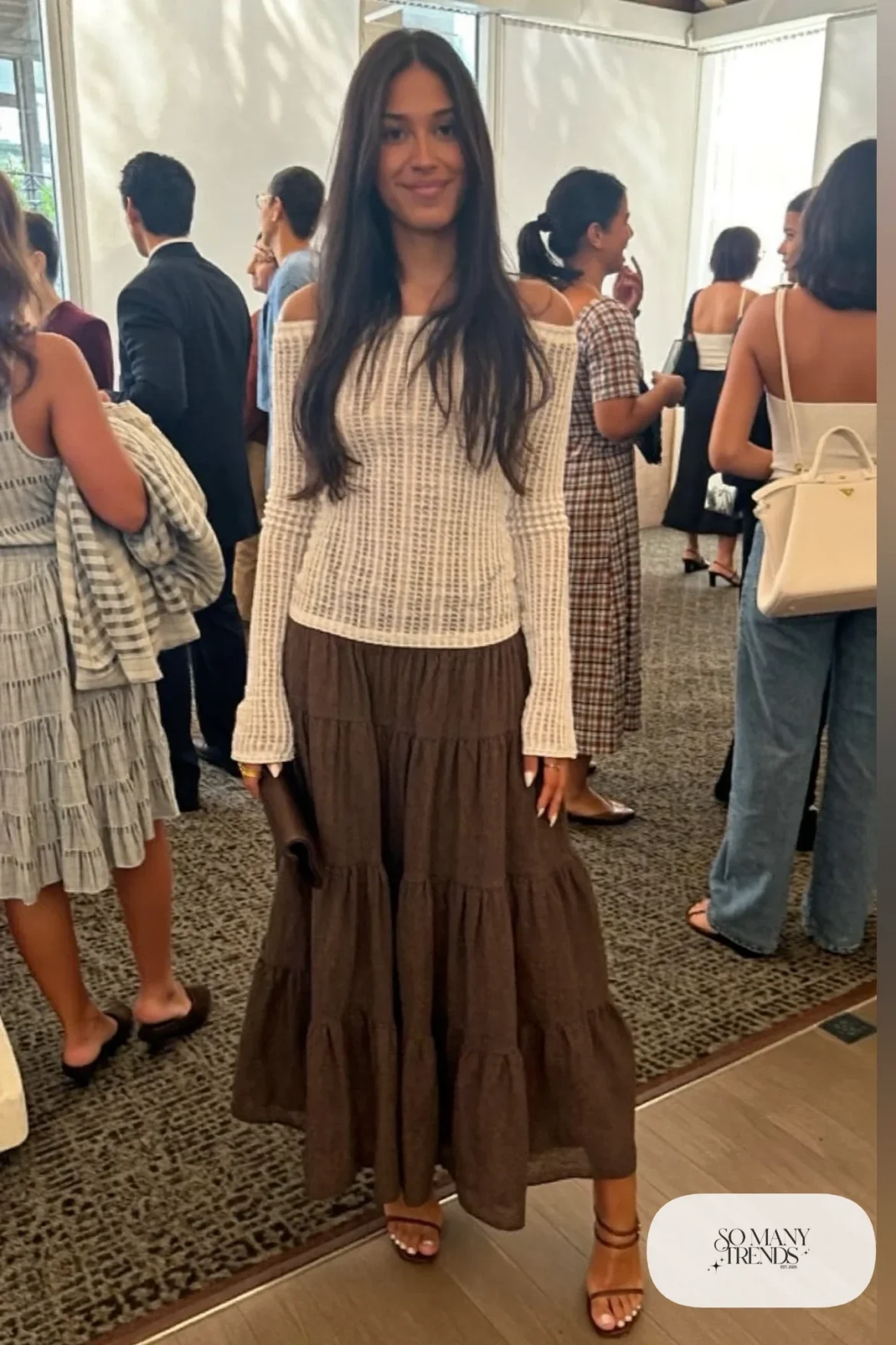 Chocolate brown tiered midi skirt with fitted cream off-shoulder top and brown strappy heeled sandals, outfit 22