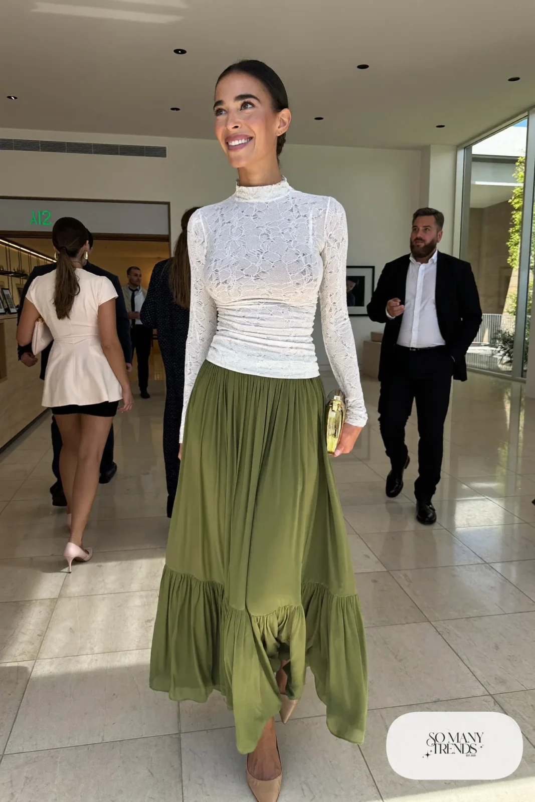Sage green chiffon tiered maxi skirt with fitted white long-sleeve lace top and nude pumps, outfit 23