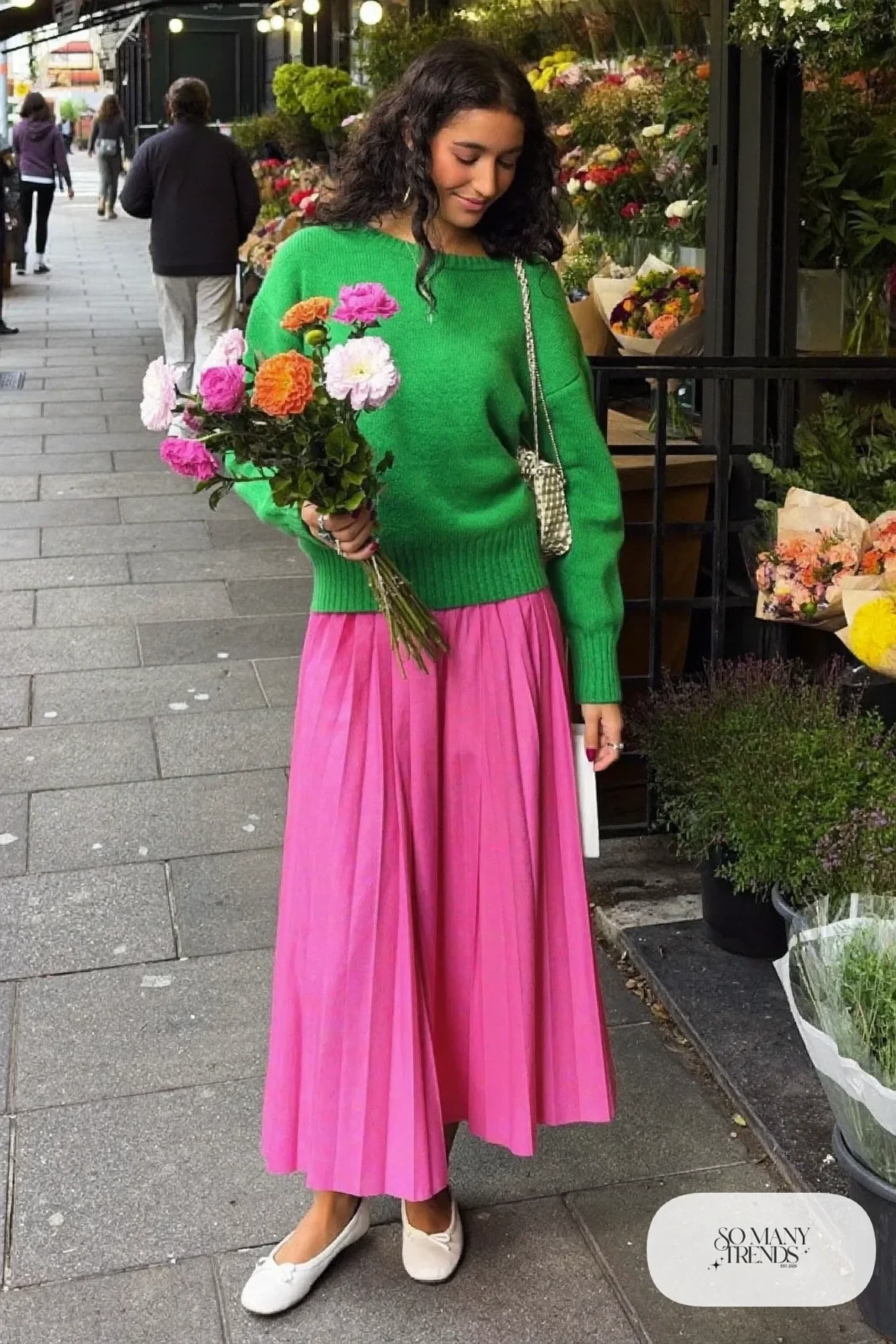 Grass green knit crewneck sweater, hot pink pleated skirt and white ballet flats, outfit 5