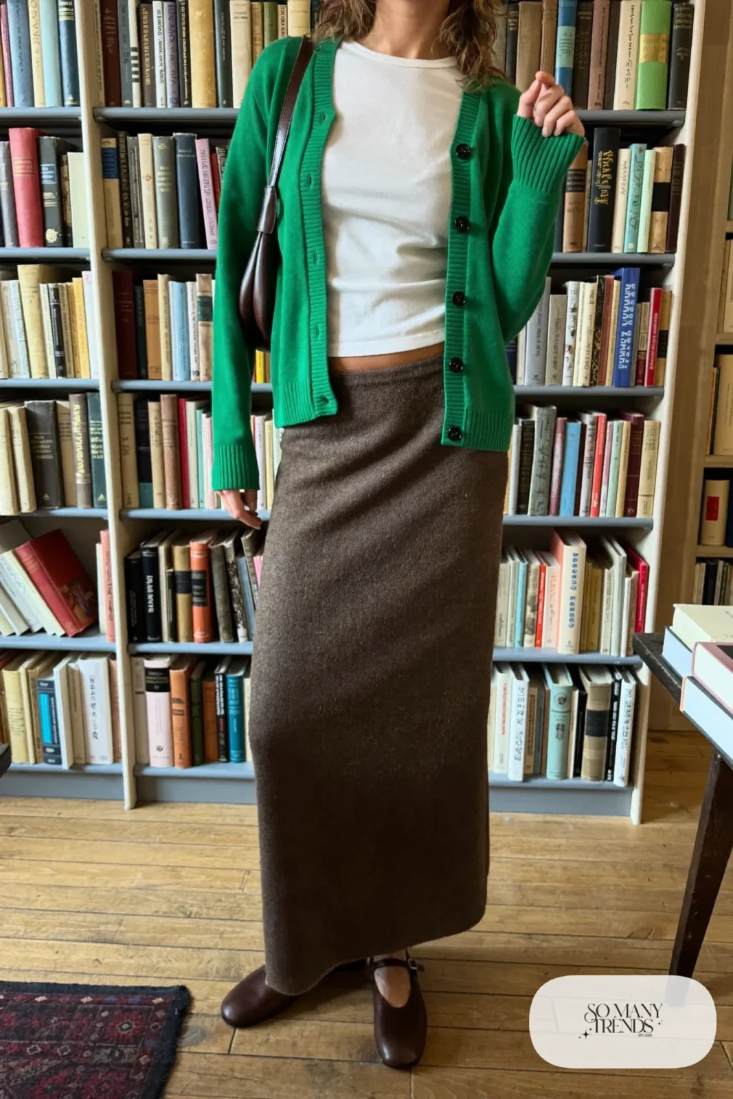 Grass green boxy knit cardigan over a white tee with a long chocolate brown skirt and brown Mary Janes, outfit 10