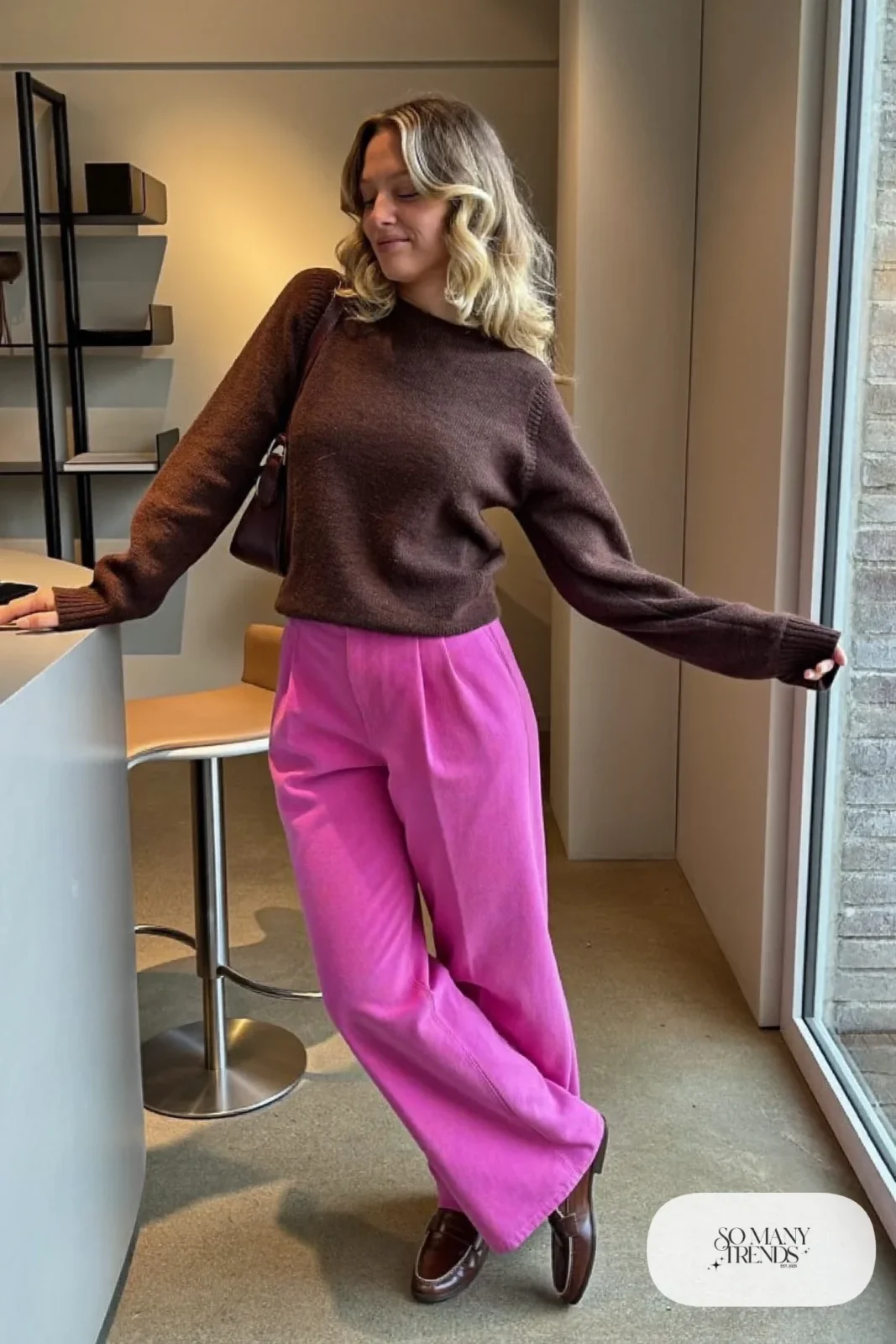 Fine-gauge chocolate brown knit sweater, high-waist hot pink wide-leg pants and brown loafers, outfit 15
