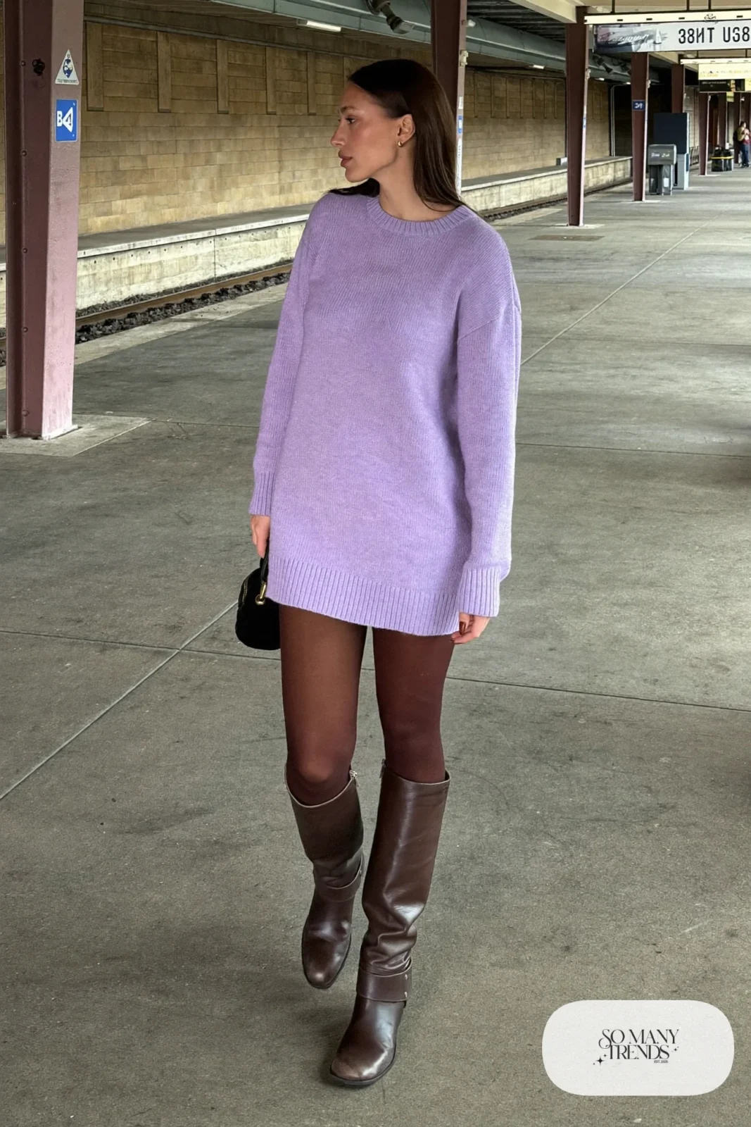 Loose lilac knit sweater dress with opaque brown tights and tall brown leather boots, outfit 17