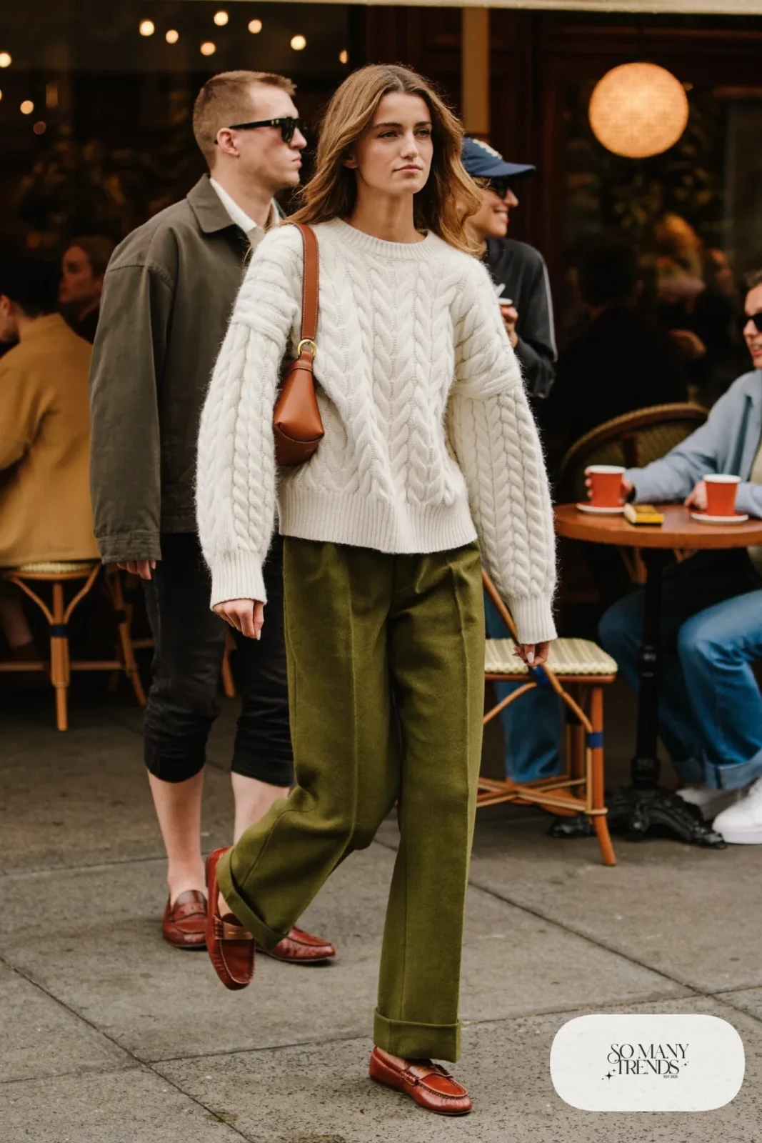 Woman in a cream cable knit sweater, olive wide-leg pants and tan loafers, outfit 1