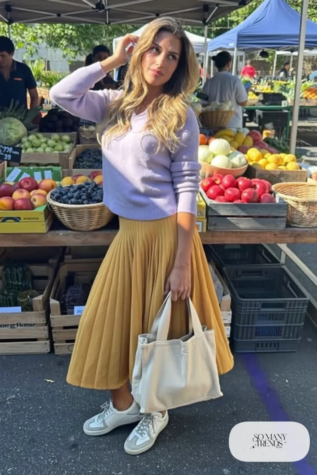 Fitted lilac knit sweater, long mustard yellow skirt and white sneakers, outfit 11