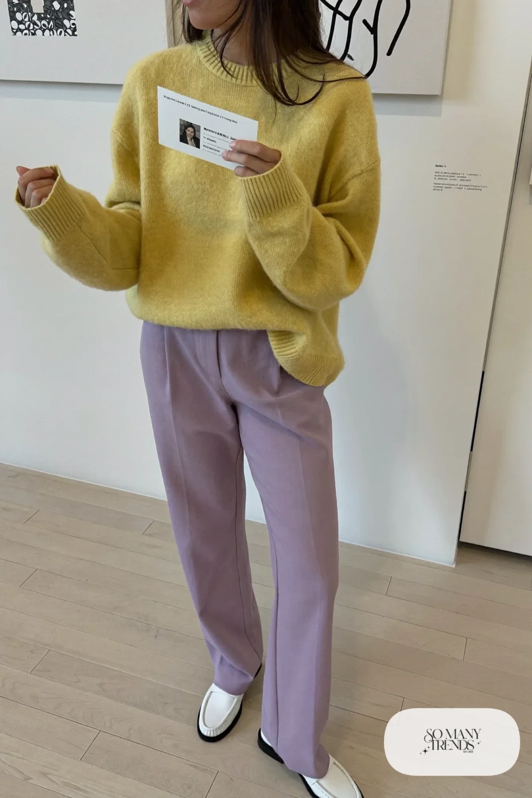 Oversized mustard yellow knit sweater, tailored lilac pants and white loafers, outfit 13