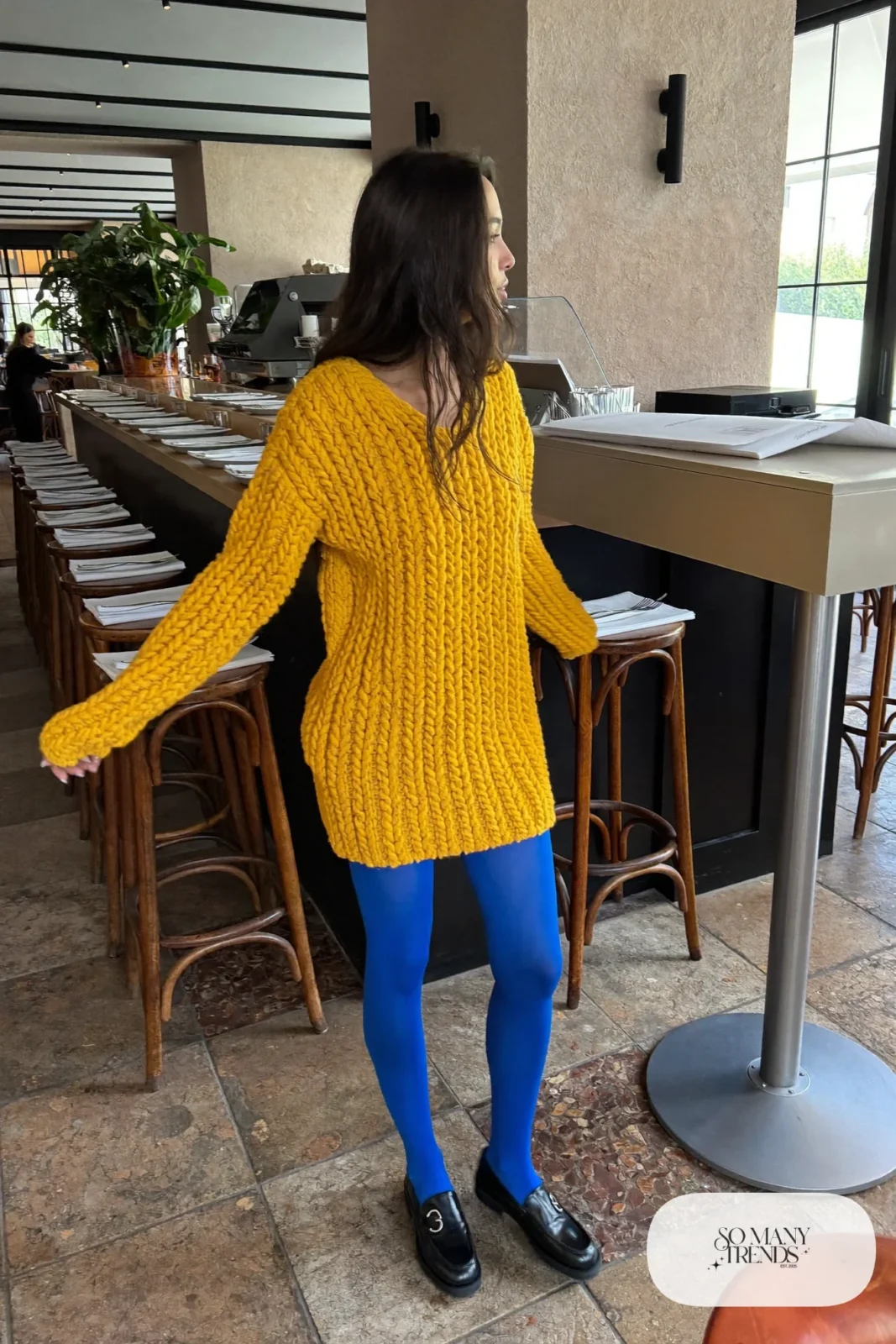 Loose mustard yellow knit mini dress with opaque cobalt blue tights and black loafers, outfit 22