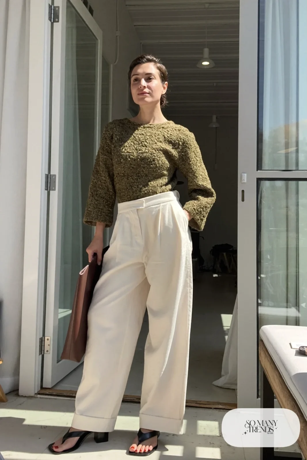 Look 3: olive bell sleeve top, cream wide-leg pants and black block-heel sandals
