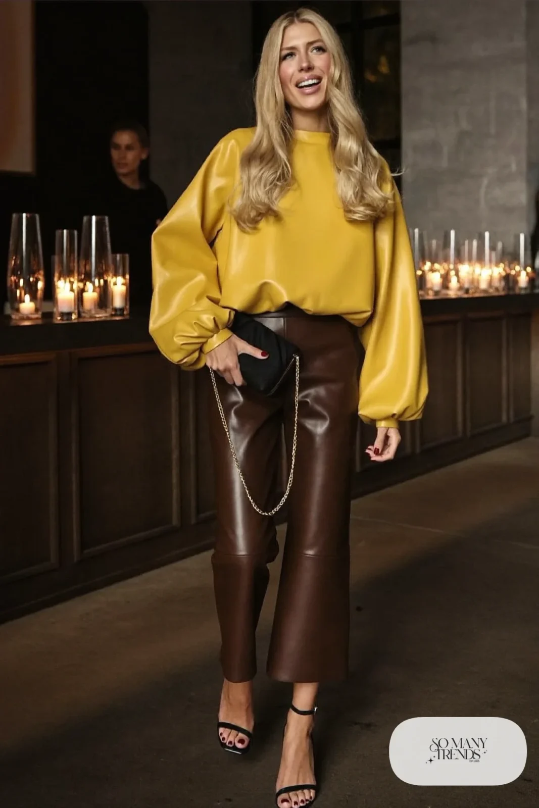 Look 4: mustard bell sleeve top, chocolate brown faux leather pants and black ankle-strap heels