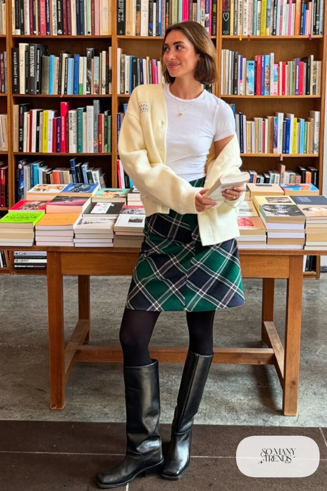 Forest green plaid midi skirt with cream boxy cardigan, white tee, black tights and black ankle boots, outfit 2