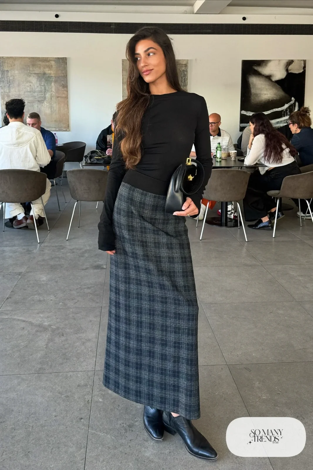 Charcoal gray plaid long column skirt with fitted black knit top and black ankle boots, outfit 4
