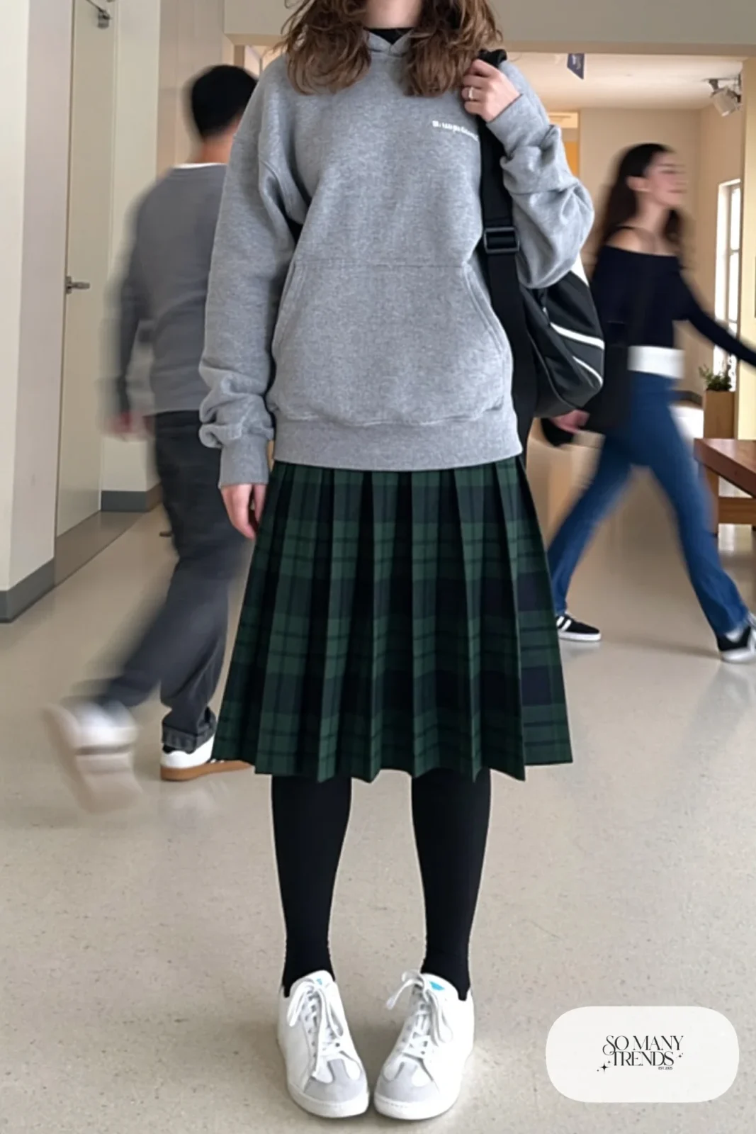 Forest green plaid pleated midi skirt with heather gray hoodie, black tights and white sneakers, outfit 14