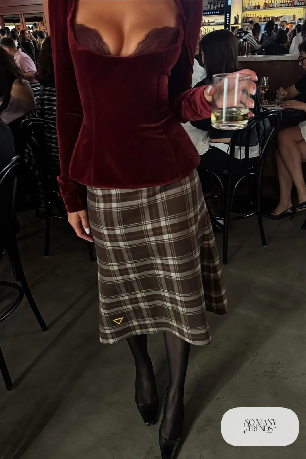 Brown plaid flared midi skirt with fitted wine velvet top, black tights and black pointed pumps, outfit 21