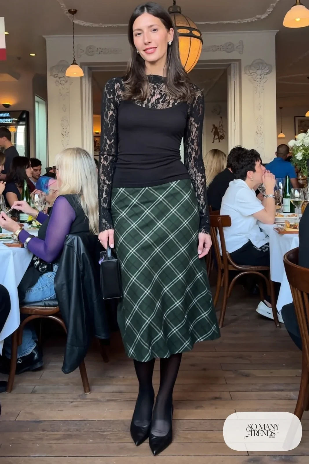 Forest green plaid midi skirt with black lace long sleeve top over camisole, sheer tights and black pumps, outfit 22