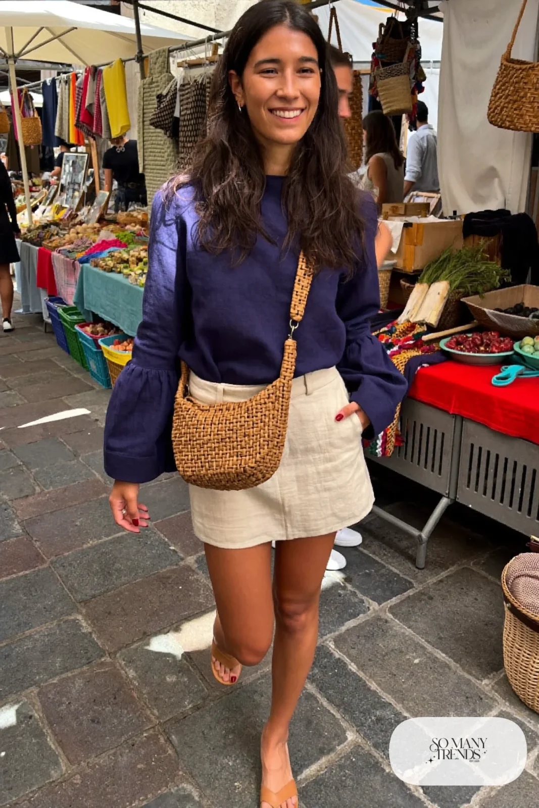 Look 5: indigo bell sleeve top, cream linen mini skirt and tan leather sandals