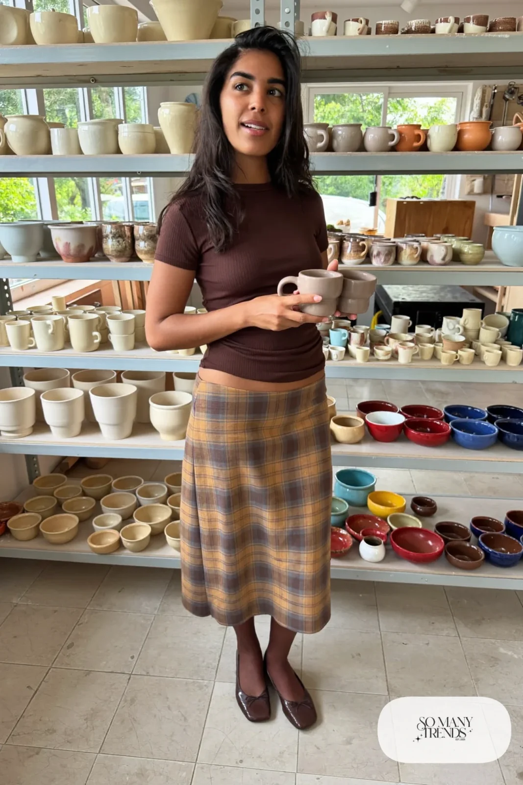Mustard and brown plaid A-line midi skirt with chocolate brown ribbed top, brown tights and brown ballet flats, outfit 5
