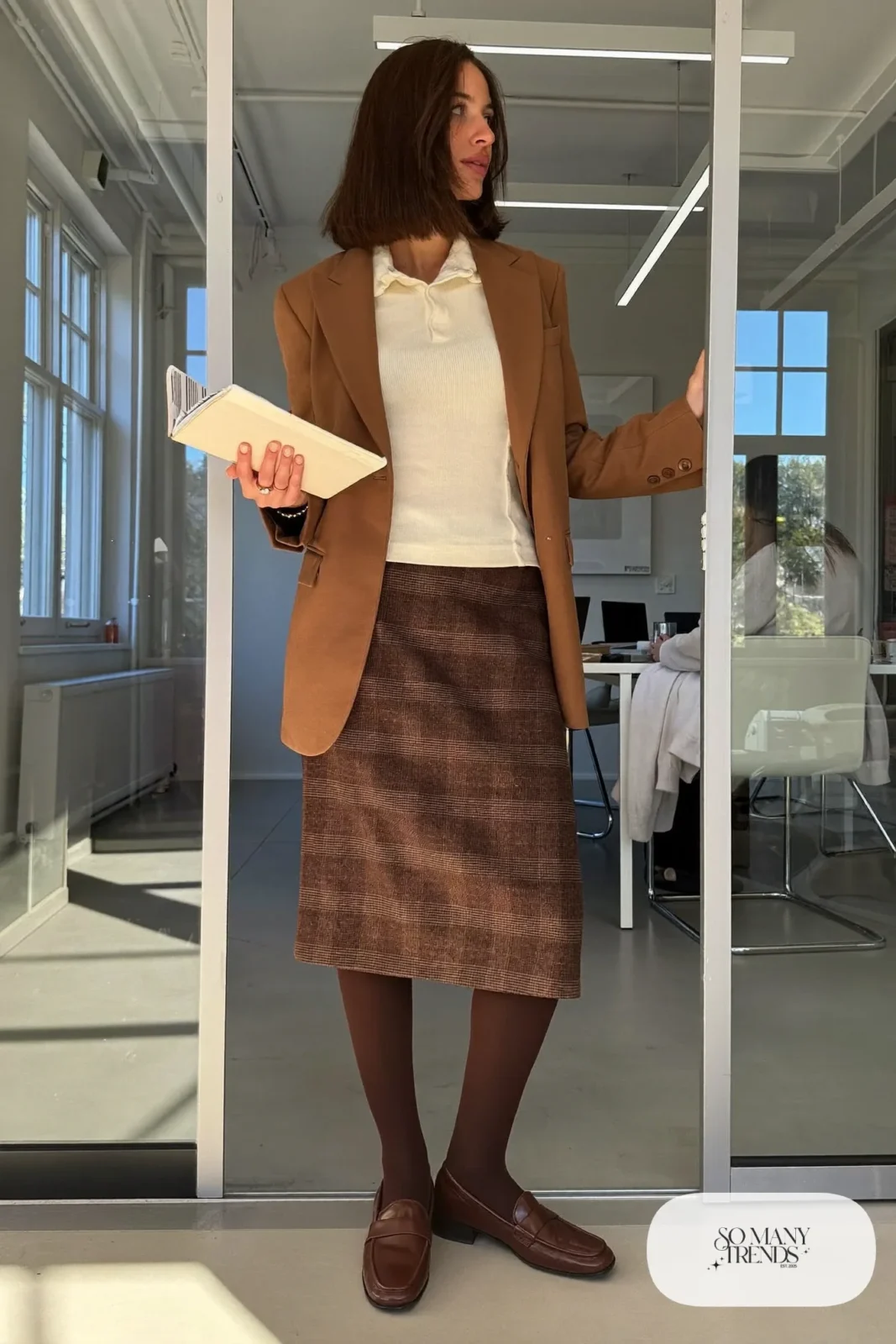 Brown plaid midi skirt with camel relaxed blazer, cream knit shell and brown block-heel loafers, outfit 8