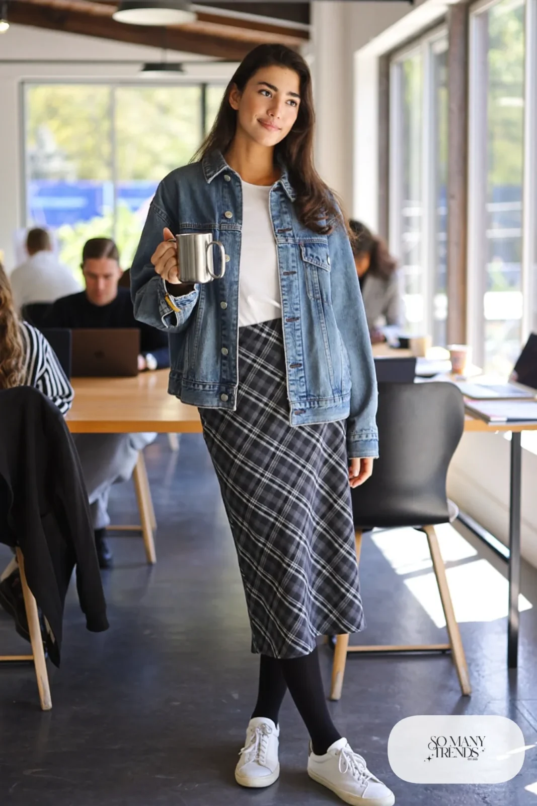 Charcoal plaid A-line skirt with boxy denim jacket, white tee, black tights and white sneakers, outfit 11