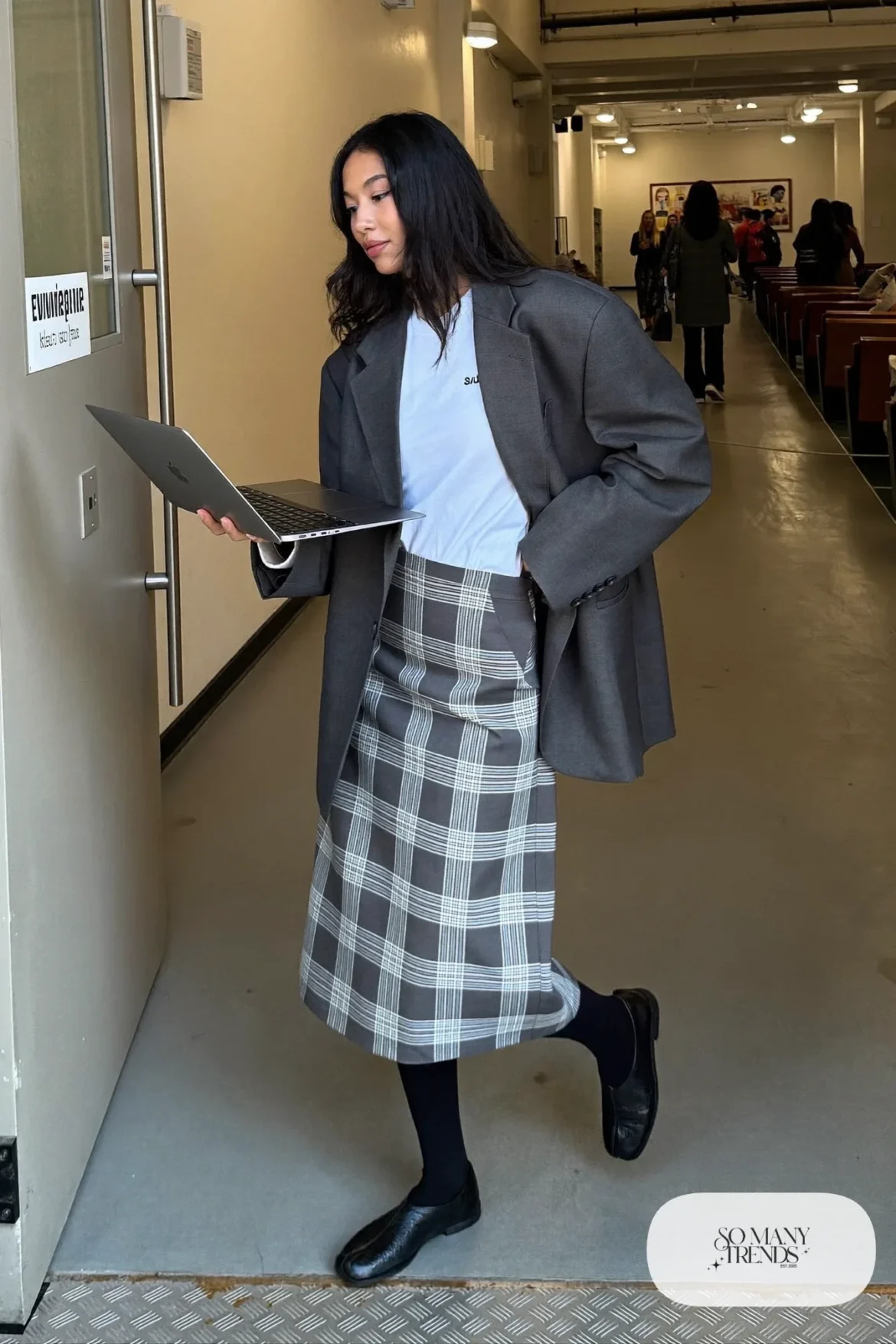 Gray plaid midi skirt with oversize charcoal blazer, white tee, black tights and black leather boots, outfit 16