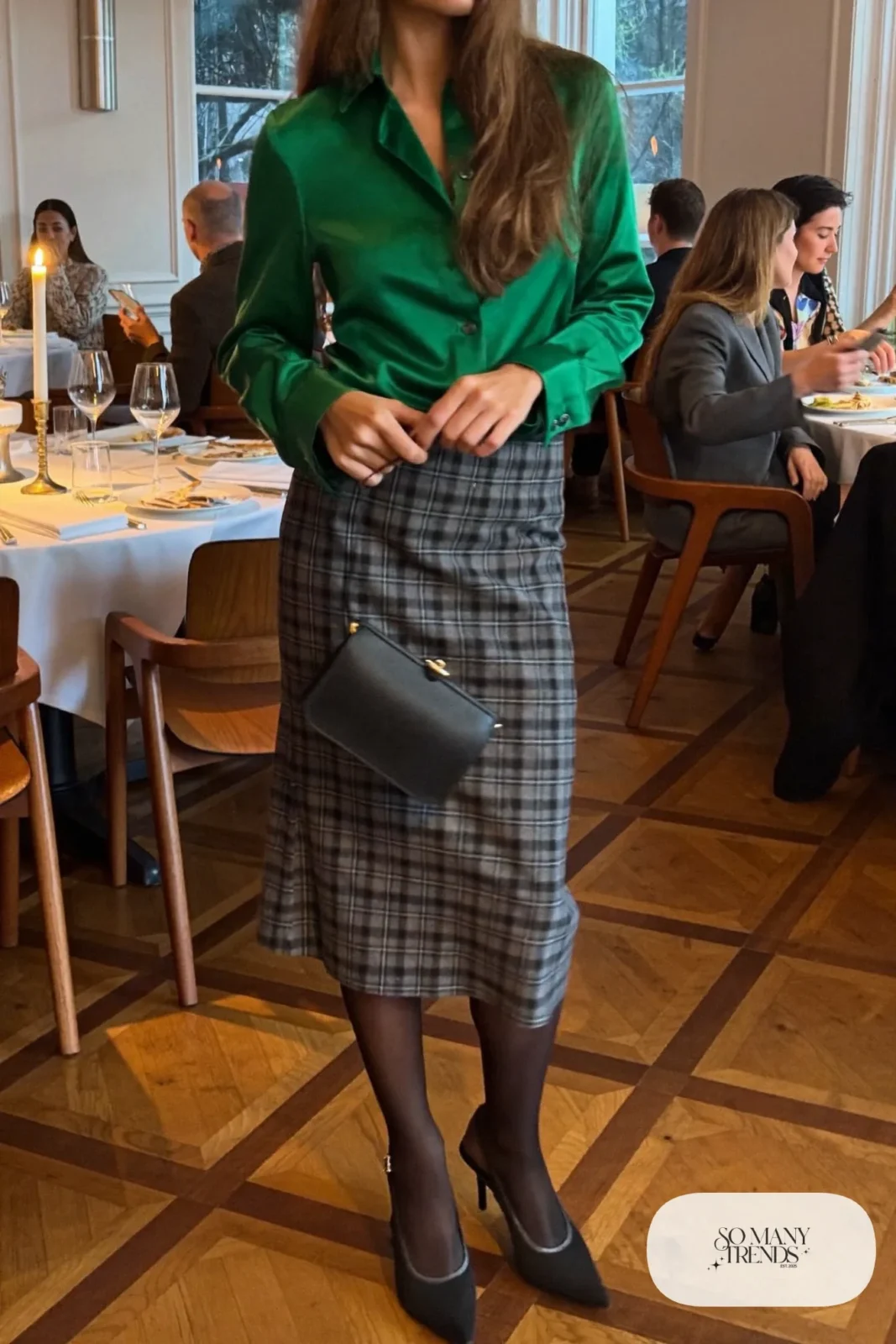 Charcoal plaid midi skirt with emerald satin blouse, sheer black tights and black slingback pumps, outfit 19