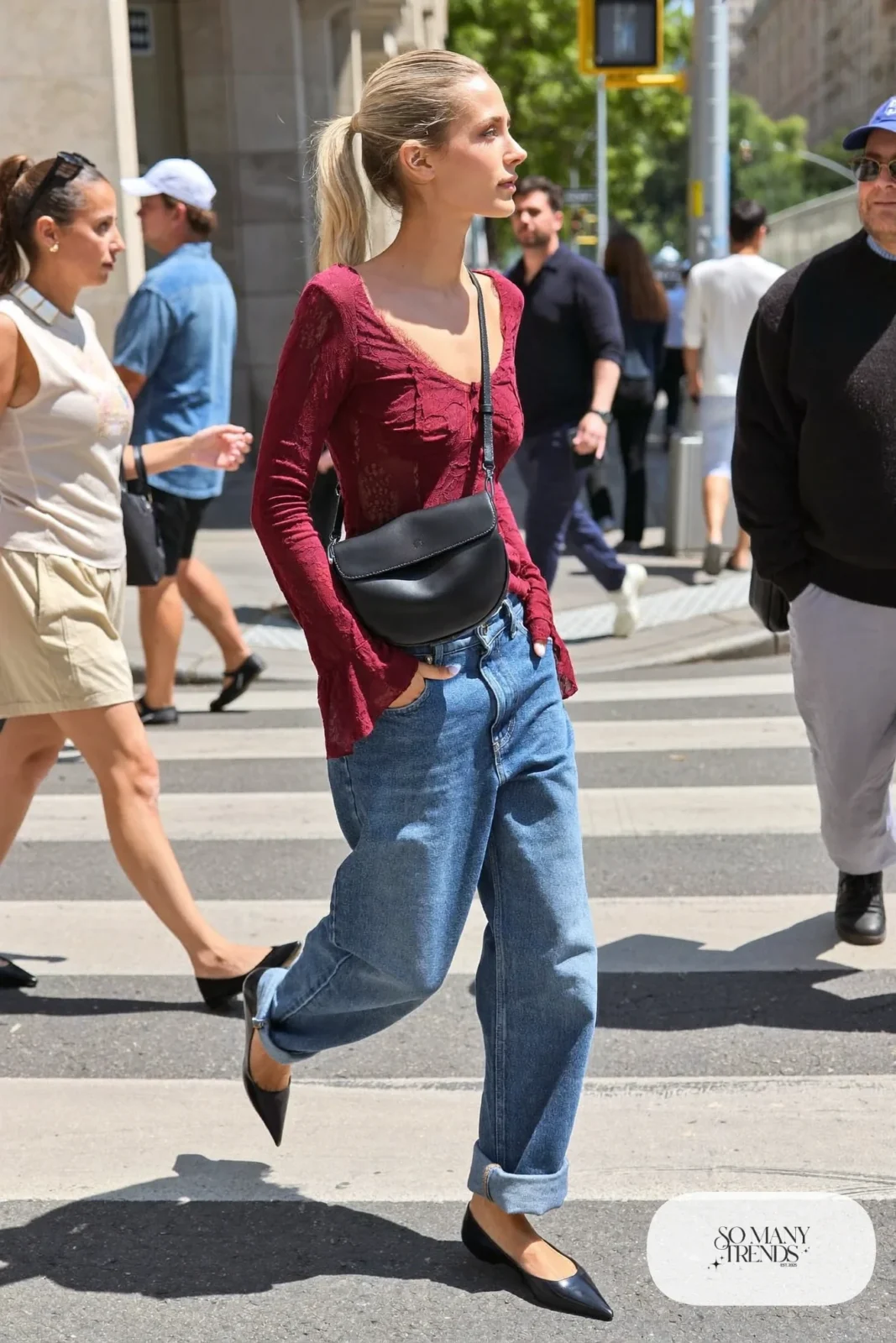 Burgundy long-sleeve lace top with relaxed boyfriend jeans, cuffed hem and black pointed flats, look 3