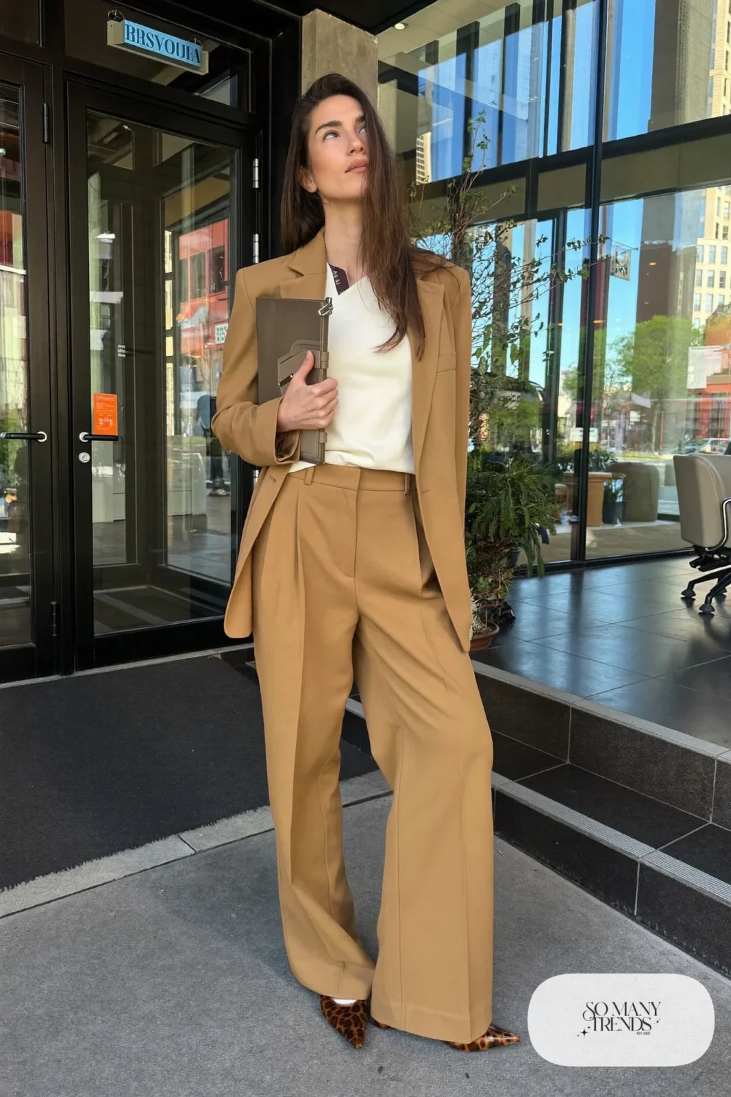 Camel longline blazer, cream knit top, camel wide-leg pants and leopard print flats, outfit 2