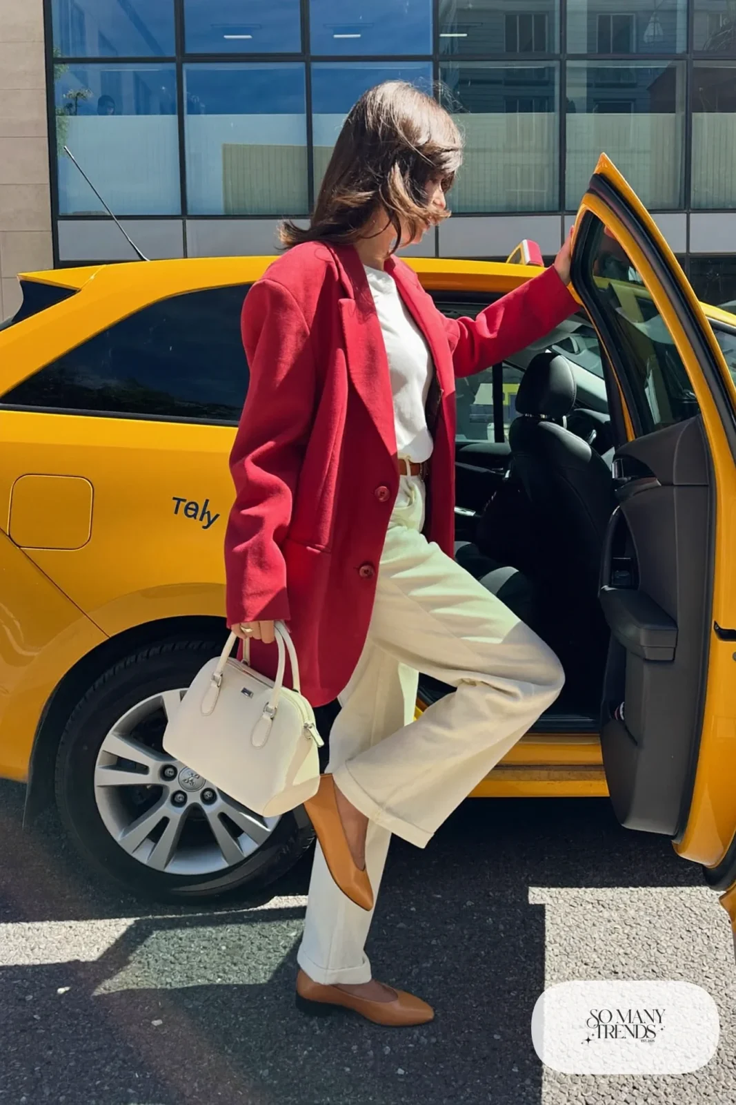 Soft red relaxed blazer, white tee, cream wide-leg pants and tan leather flats, outfit 4