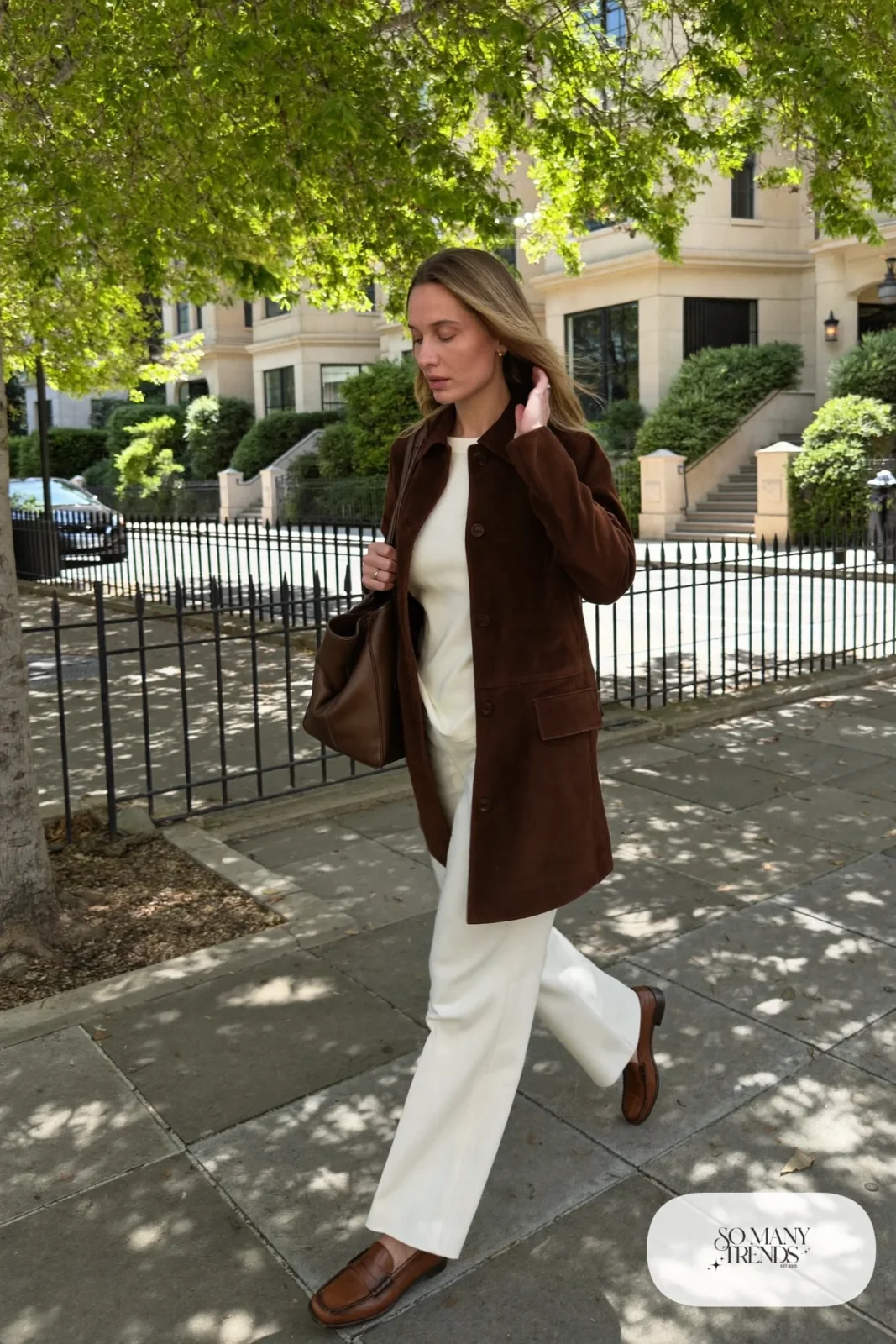 Chocolate brown suede jacket, cream knit top, cream wide-leg pants and brown loafers, outfit 5
