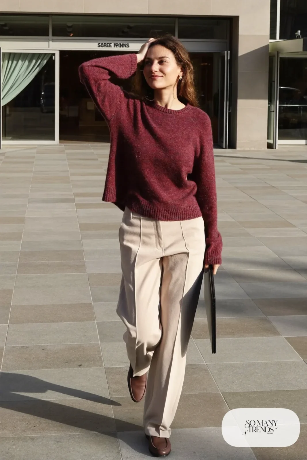Burgundy crew-neck sweater, beige wide-leg pants and brown leather loafers, outfit 7