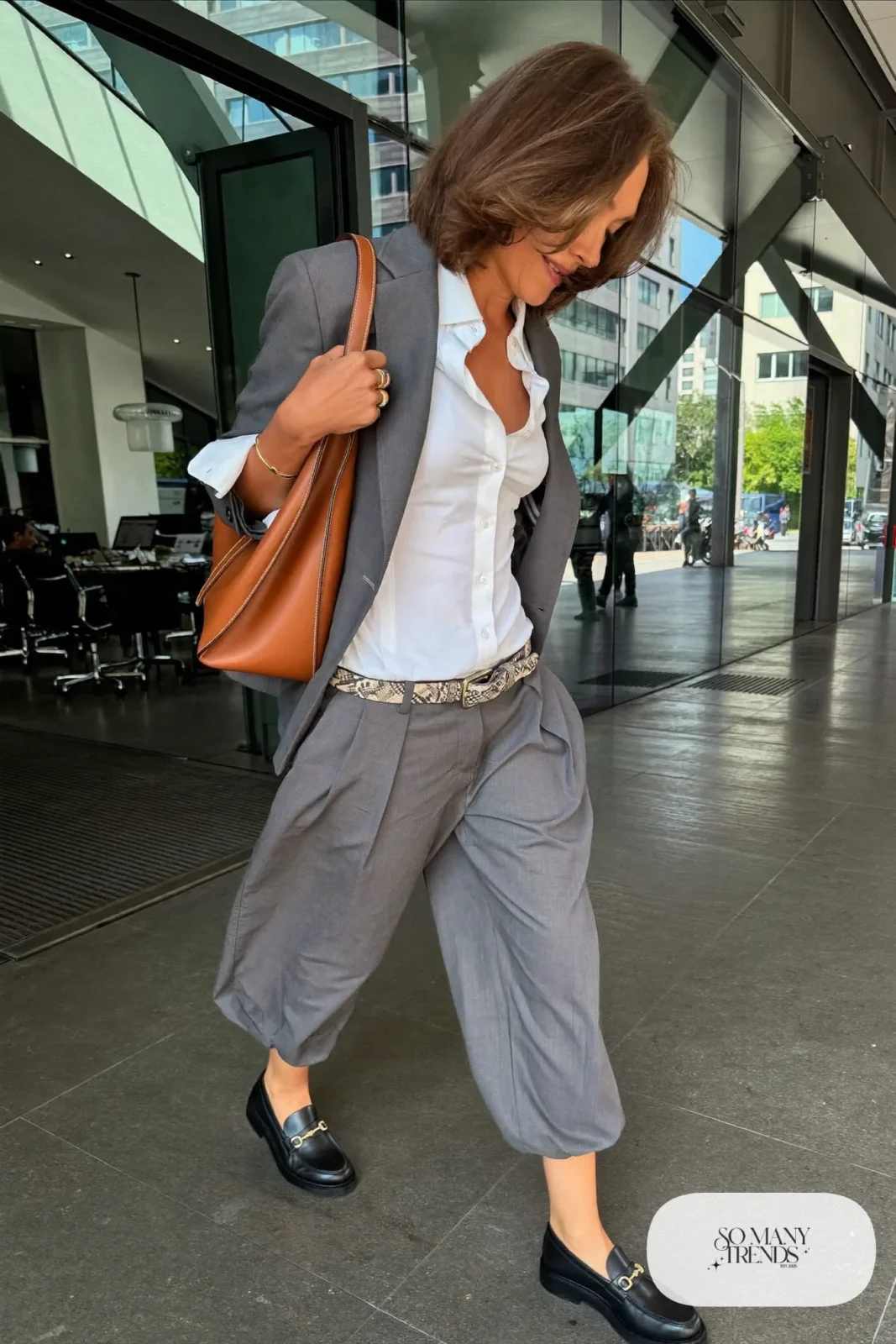Gray relaxed blazer, white shirt, gray wide-leg pants, snake-print belt and black loafers, outfit 8