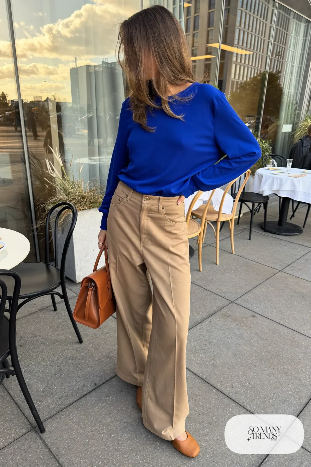 Cobalt blue blouse, camel wide-leg pants and tan leather flats, outfit 12