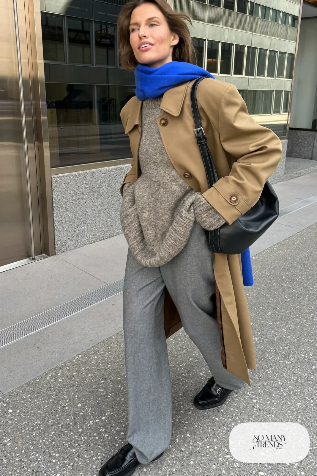 Camel trench coat, cobalt blue scarf, gray knit sweater, gray straight pants and black loafers, outfit 19