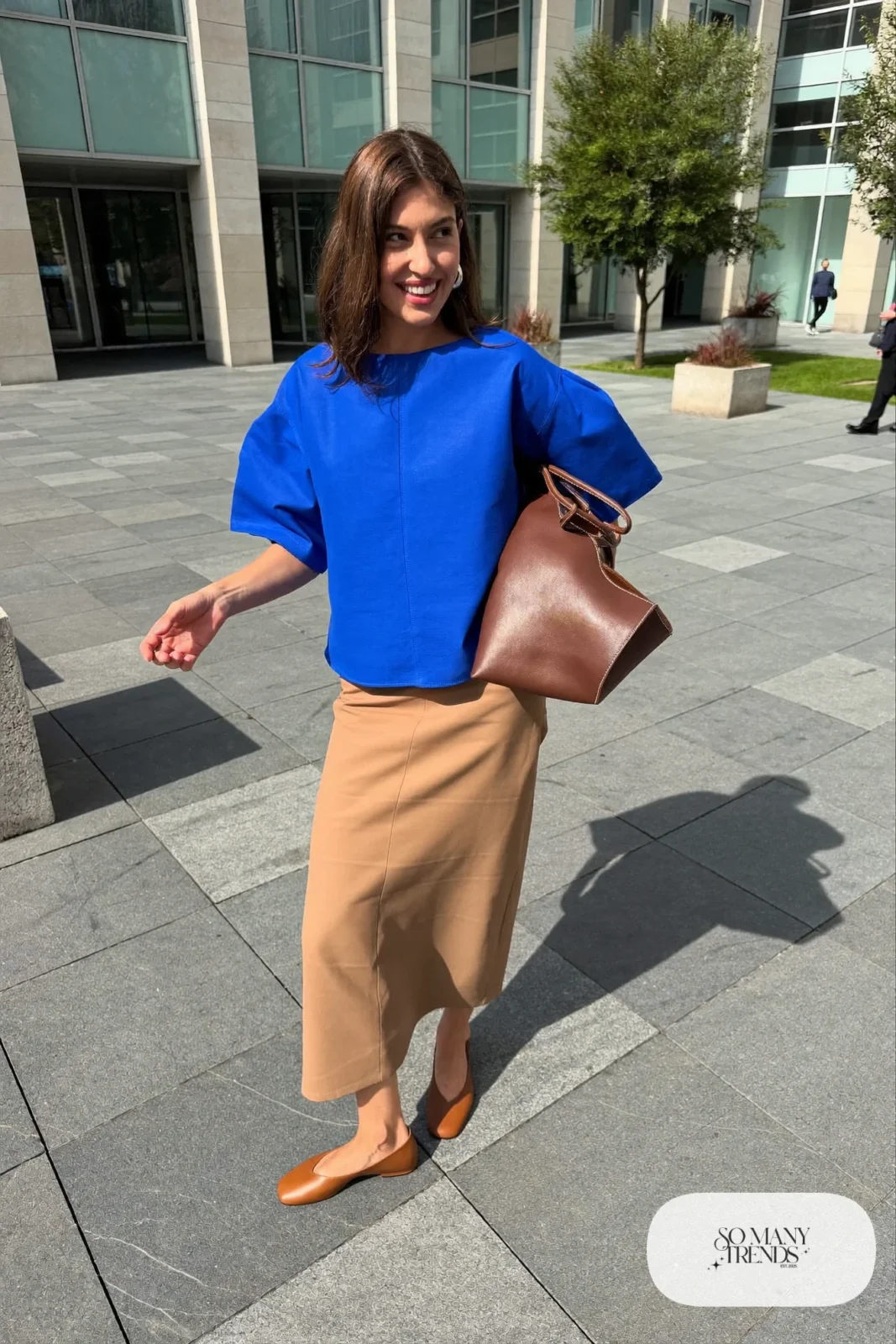 Cobalt blue top, camel midi skirt and tan leather flats, outfit 22