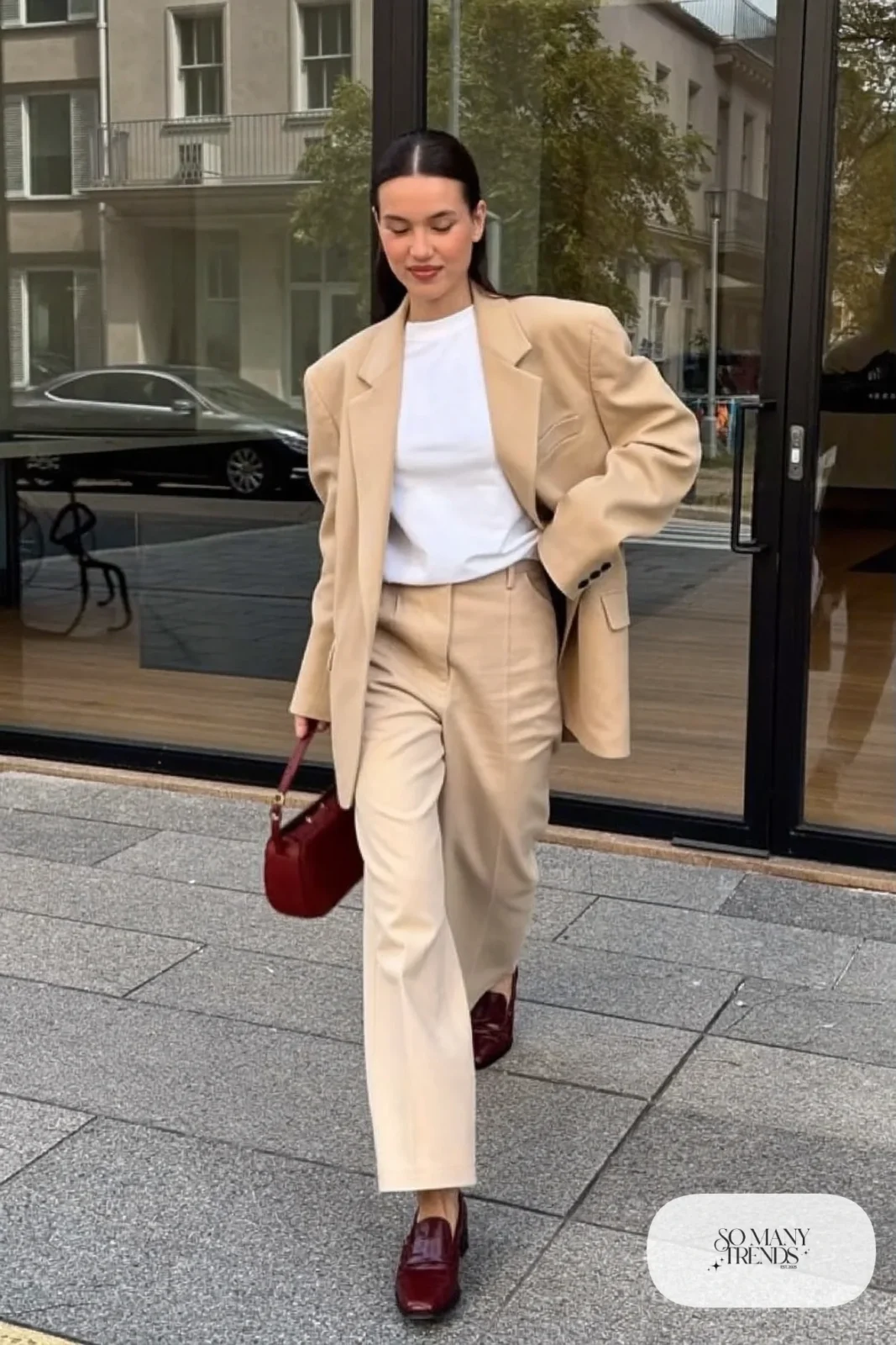 Beige relaxed blazer, white tee, beige wide-leg pants and burgundy leather loafers, outfit 23