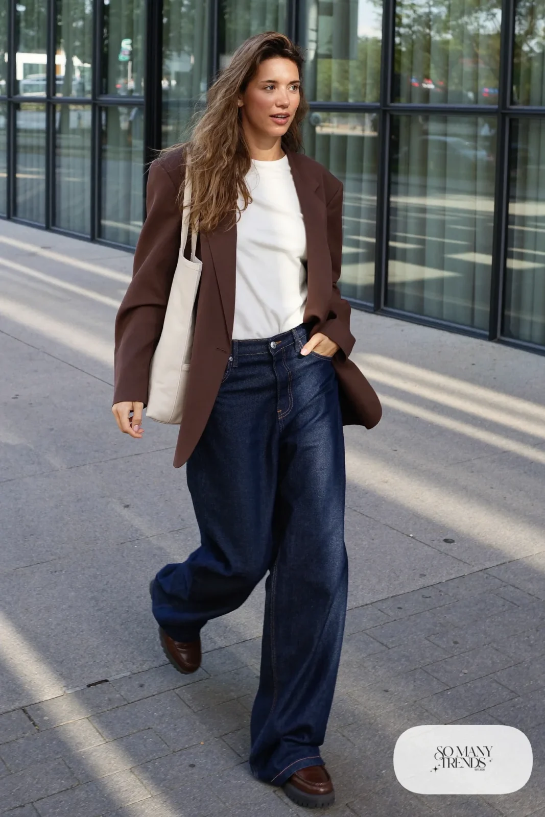 Chocolate brown blazer, white tee, dark straight-leg jeans and brown loafers, outfit 26