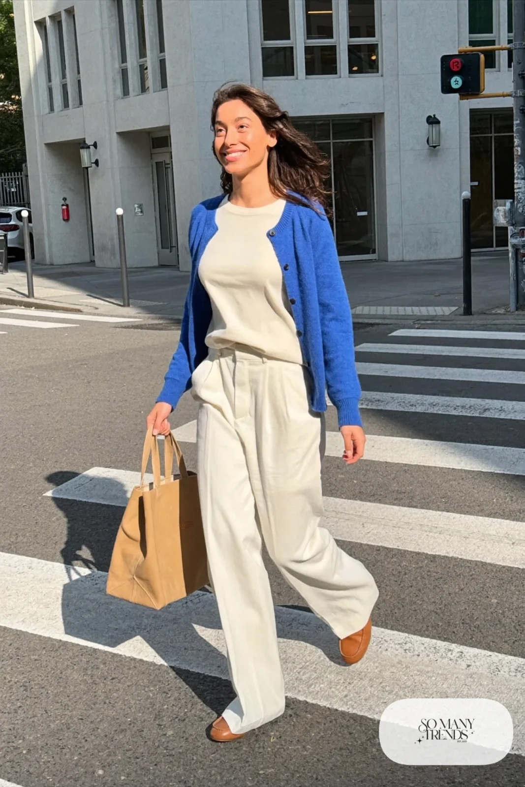 Cobalt blue cardigan, cream tee, cream wide-leg pants and tan loafers, outfit 27