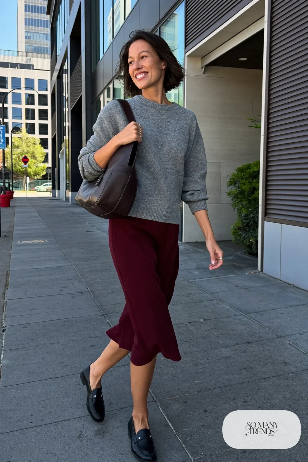Gray fine-knit sweater, burgundy midi skirt and black loafers, outfit 29