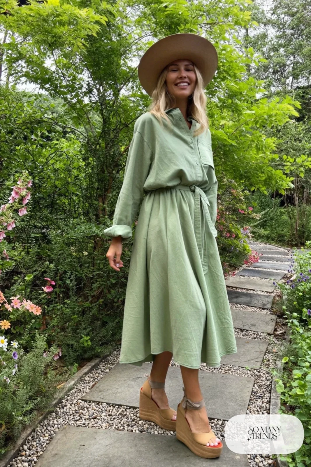 Woman in a mint cotton belted shirt dress, wide-brim straw hat and tan wedge sandals, garden party outfit 4