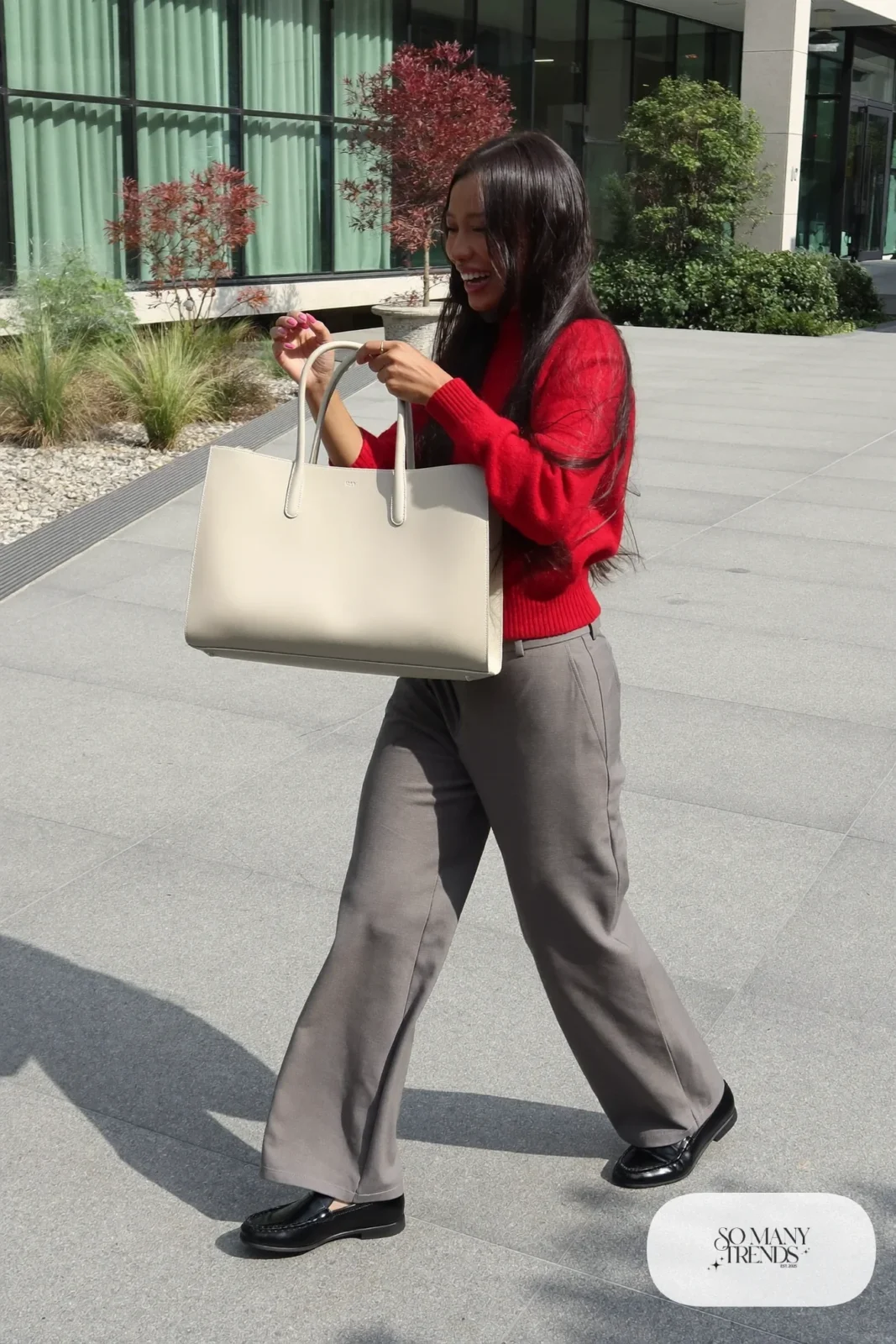 Soft red fine-knit sweater, gray wide-leg pants and black loafers, outfit 21