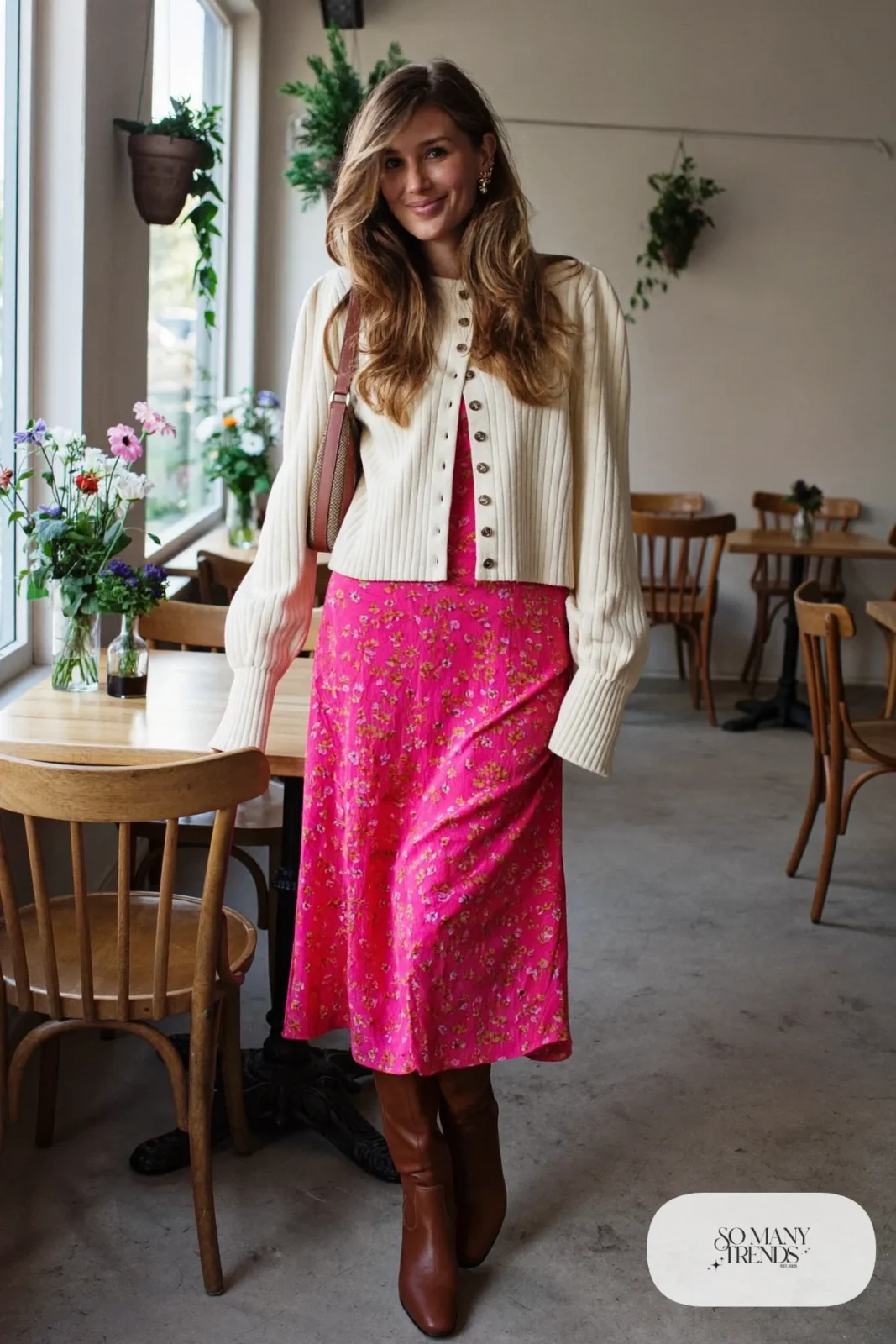 Woman in a pink floral midi dress, cream cardigan and cognac boots in a brunch cafe, look 11