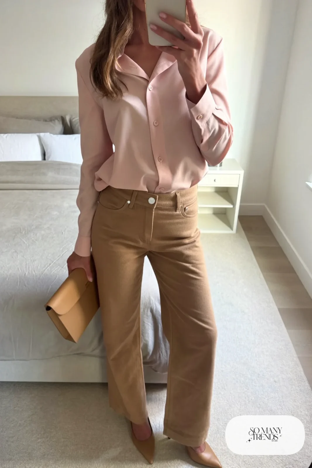 Look 8: soft blush blouse, camel wide-leg pants, tan heels, small clutch, mirror selfie in a bedroom