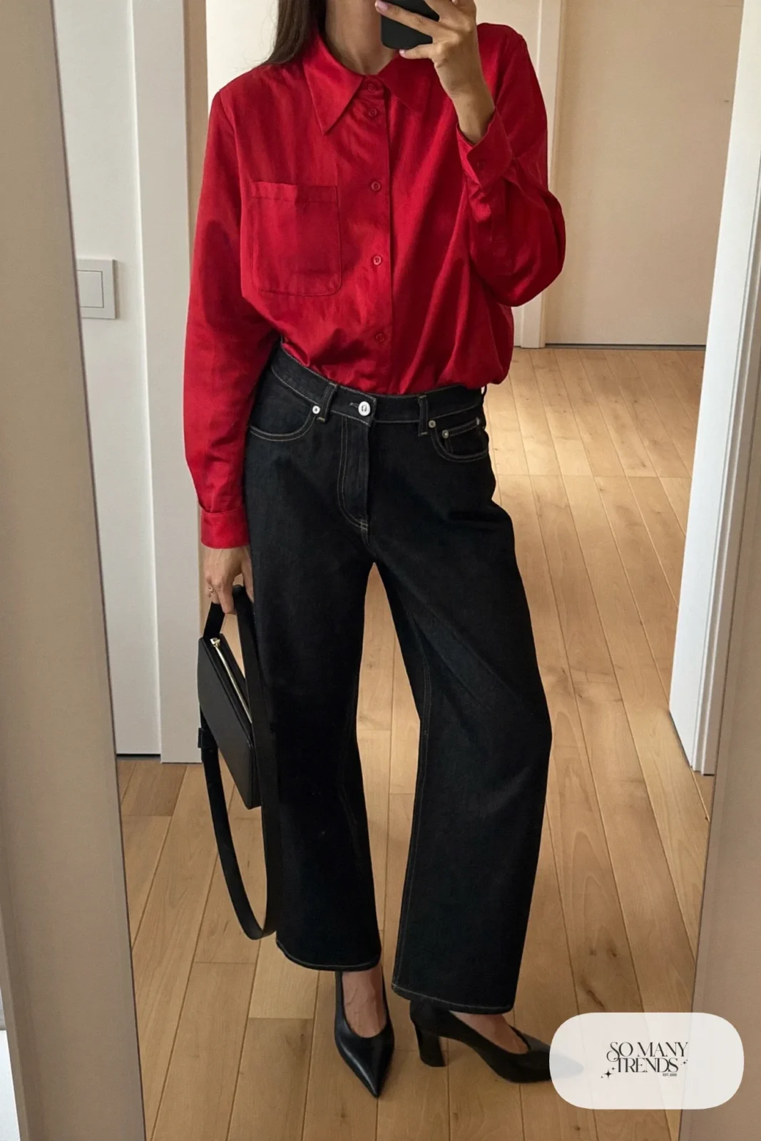 Look 12: red satin blouse, dark wide-leg jeans, black heels, small bag, mirror selfie in the entryway