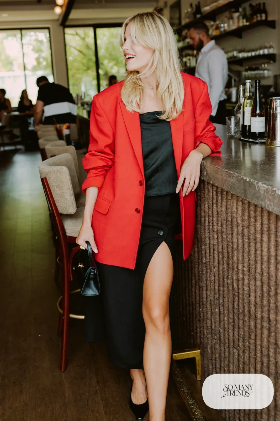 Look 21: black satin camisole, red oversized blazer, black slit midi skirt, black heels, small clutch
