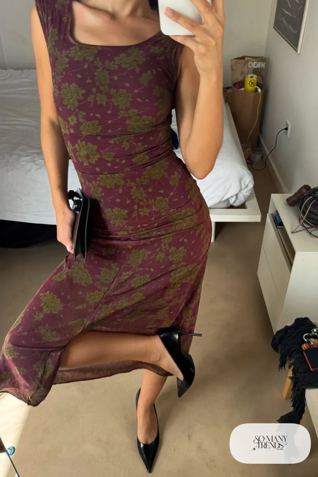 Look 28: burgundy and olive floral midi dress, black pointed heels, small clutch, mirror selfie in the bedroom