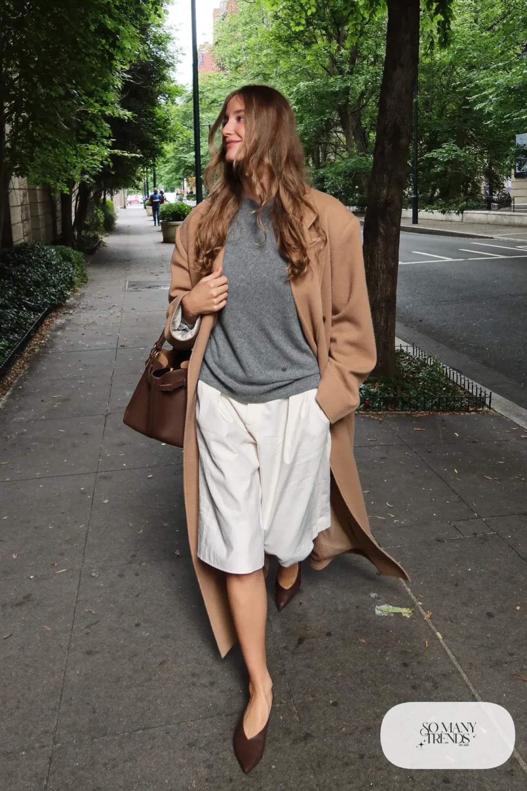Camel car coat, ivory cropped pants, gray knit top and brown pointed flats, outfit 3