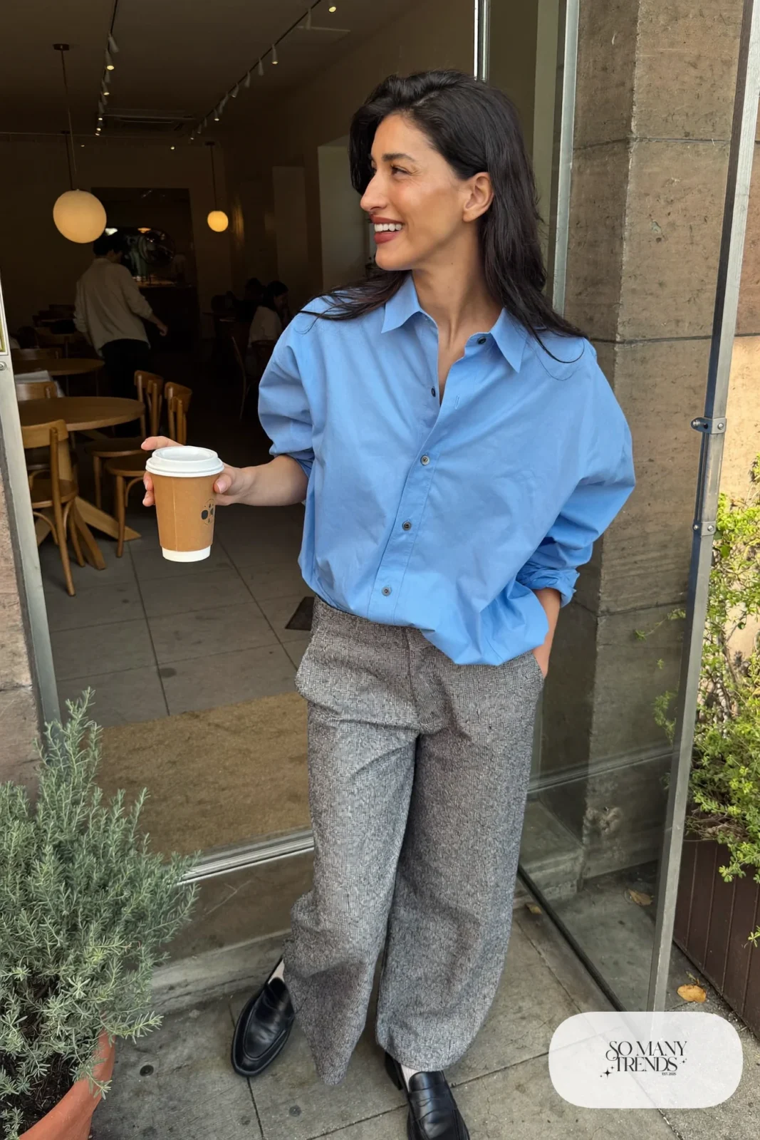 Light blue poplin shirt with popped collar, wide gray pants and black loafers, outfit 5