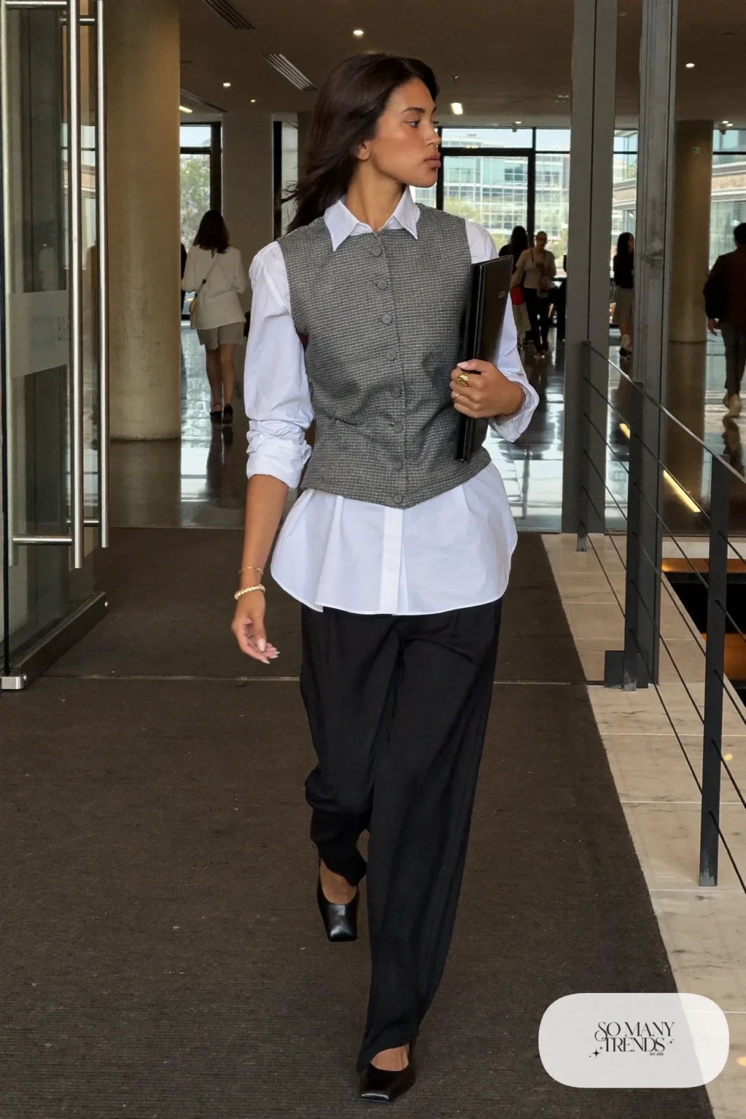 Heather gray tailored vest, white shirt, wide black pants and square-toe pumps, outfit 7